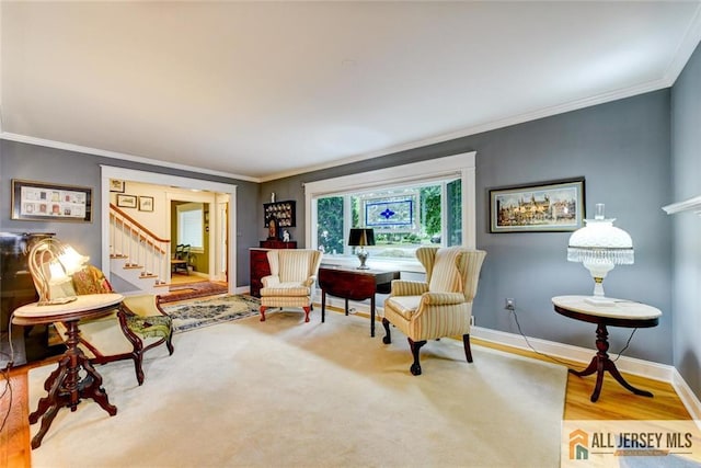 living area featuring crown molding