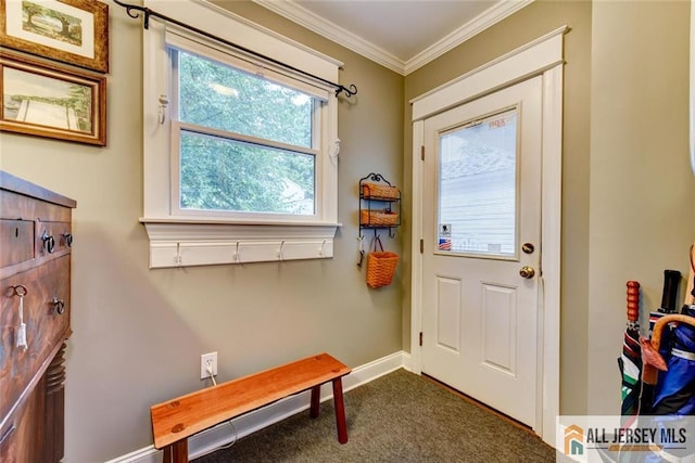 doorway featuring dark colored carpet and ornamental molding