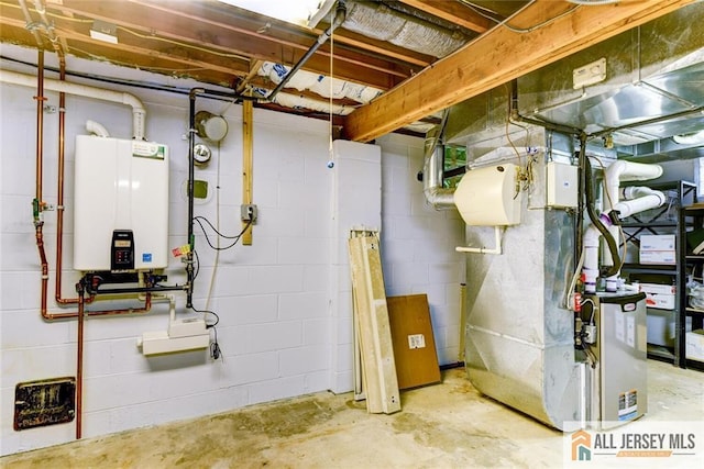 utility room featuring tankless water heater and heating unit