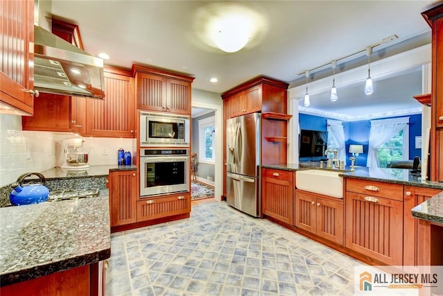 kitchen featuring rail lighting, hanging light fixtures, wall chimney exhaust hood, tasteful backsplash, and stainless steel appliances