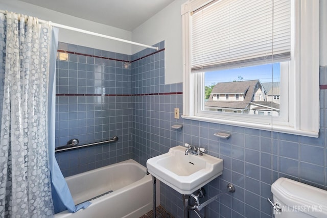 22 Booream Ave, Milltown, NJ 08850 - full bathroom with a sink, tile walls, toilet, and shower / bath combination with curtain