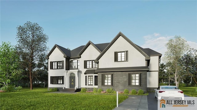 22 White Pine Rd, South Brunswick, NJ 08831 - french country home featuring a front lawn, stucco siding, and a balcony