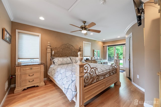 28 Sugarbush Rd, Howell, NJ 07731 - bedroom featuring access to exterior, light wood-style floors, crown molding, recessed lighting, and a ceiling fan