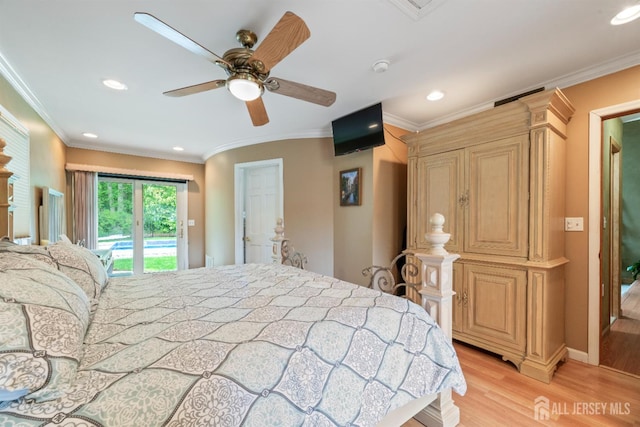 28 Sugarbush Rd, Howell, NJ 07731 - bedroom featuring access to outside, light wood-type flooring, recessed lighting, ornamental molding, and ceiling fan