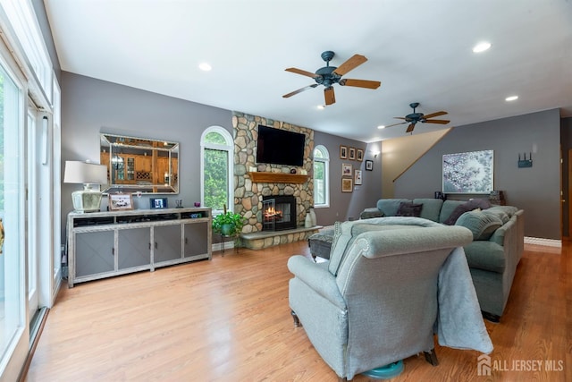 28 Sugarbush Rd, Howell, NJ 07731 - living area with a ceiling fan, a fireplace, wood finished floors, and recessed lighting