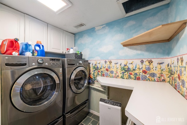 28 Sugarbush Rd, Howell, NJ 07731 - laundry room featuring wallpapered walls, washing machine and dryer, cabinet space, and tile patterned floors