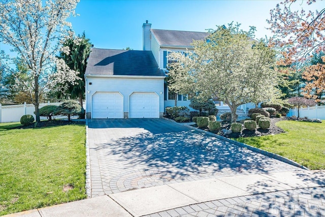 12 Carriage Dr, Piscataway, NJ 08854 - view of property exterior featuring decorative driveway, an attached garage, and a chimney