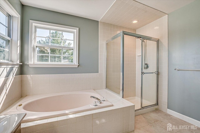 12 Carriage Dr, Piscataway, NJ 08854 - full bathroom featuring a shower stall, tile patterned flooring, a bath, baseboards, and recessed lighting