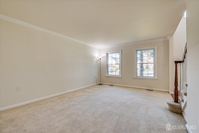 12 Carriage Dr, Piscataway, NJ 08854 - unfurnished living room with ornamental molding, baseboards, light carpet, and stairway