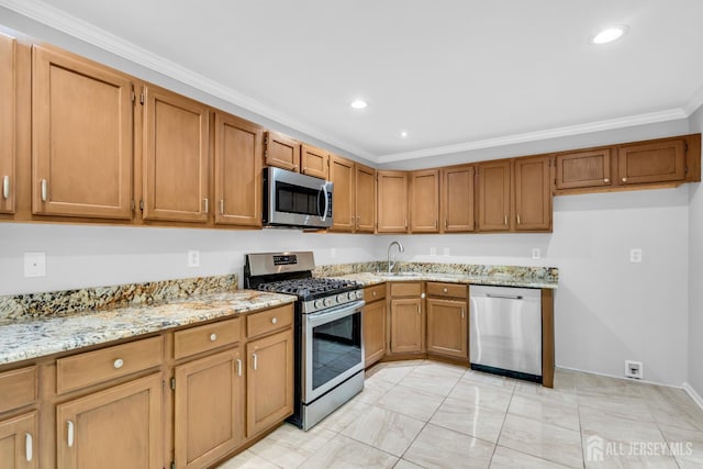 242 Hawthorne Rd, North Brunswick, NJ 08902 - kitchen with appliances with stainless steel finishes, ornamental molding, light stone countertops, brown cabinets, and recessed lighting