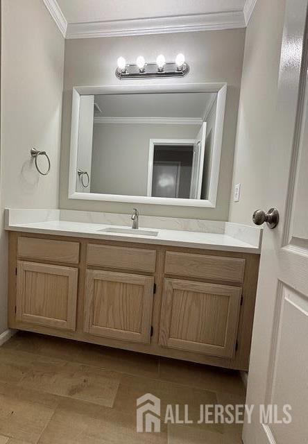 bathroom featuring crown molding and vanity