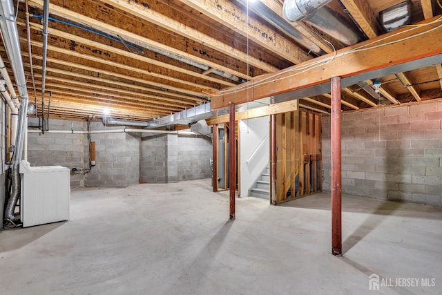 242 Hawthorne Rd, North Brunswick, NJ 08902 - unfinished basement featuring stairway and washer / clothes dryer
