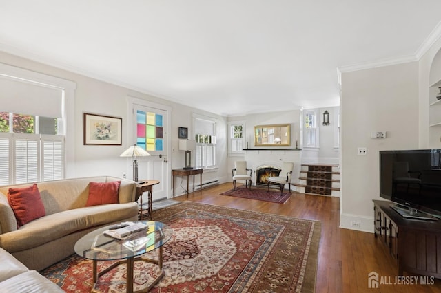 84 N Main St N, Cranbury, NJ 08512 - living area with wood-type flooring, crown molding, a fireplace, and a baseboard radiator