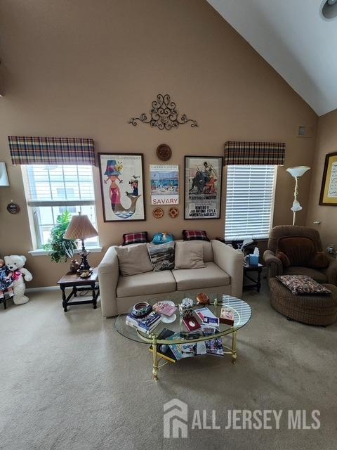 carpeted living room with high vaulted ceiling