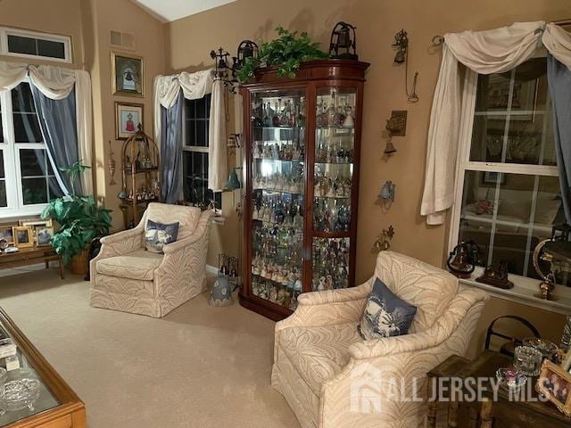 sitting room with vaulted ceiling and carpet floors