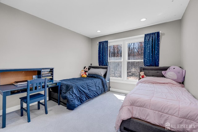 bedroom featuring carpet, baseboards, and recessed lighting