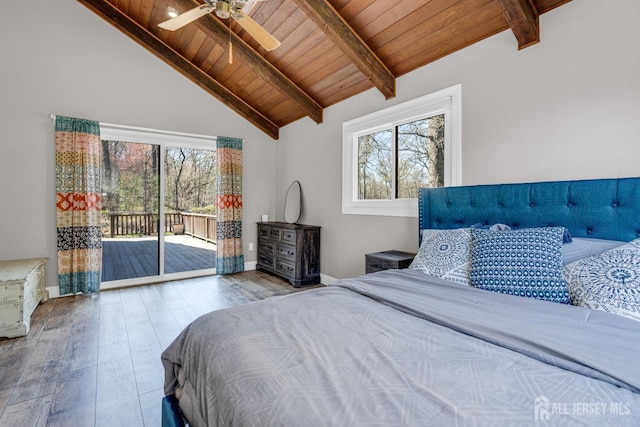 bedroom featuring access to exterior, multiple windows, wood ceiling, hardwood / wood-style floors, and baseboards