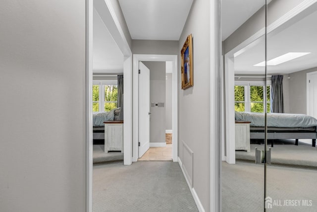 hall featuring carpet flooring, plenty of natural light, and baseboards