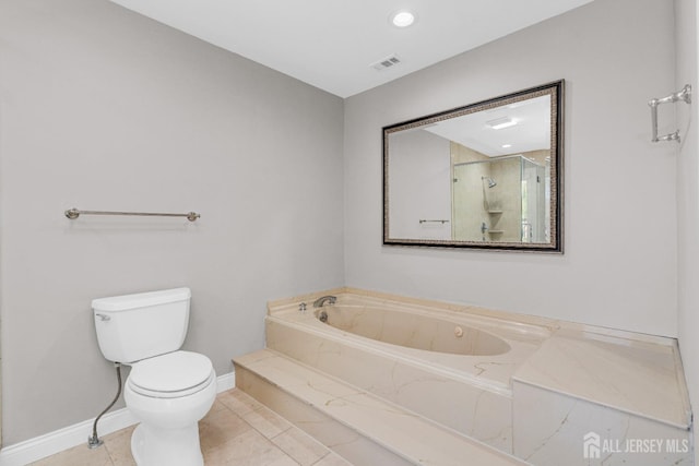 full bathroom with toilet, baseboards, a shower stall, a bath, and tile patterned flooring
