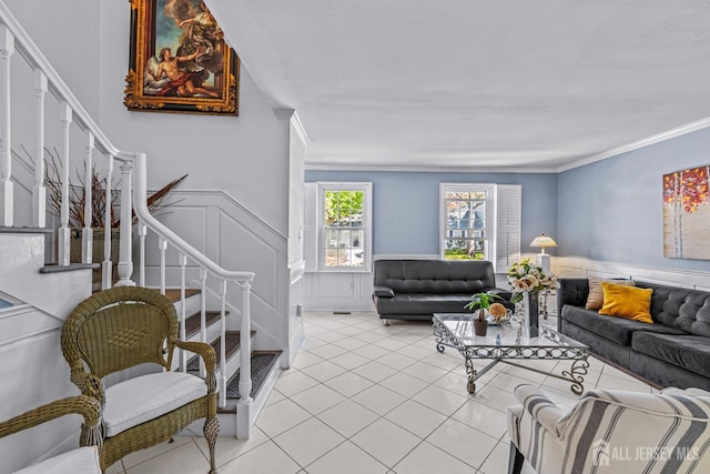 tiled living room with ornamental molding