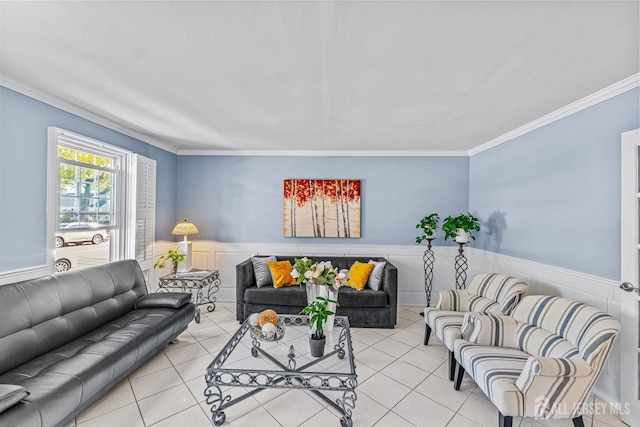 tiled living room featuring ornamental molding