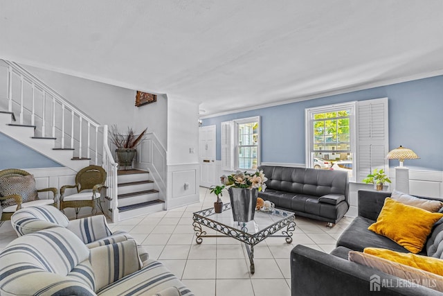 tiled living room with ornamental molding