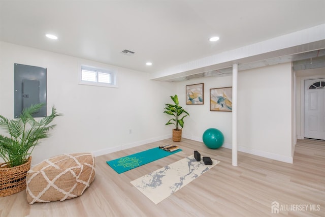 35 Evergreen Ave, Fords, NJ 08863 - exercise area featuring electric panel, wood finished floors, baseboards, and recessed lighting