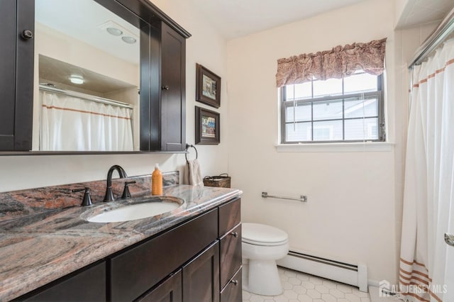 bathroom with a shower with curtain, vanity, a baseboard radiator, tile patterned floors, and toilet