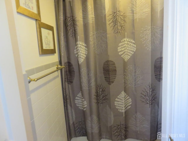 bathroom with toilet and a shower with shower curtain
