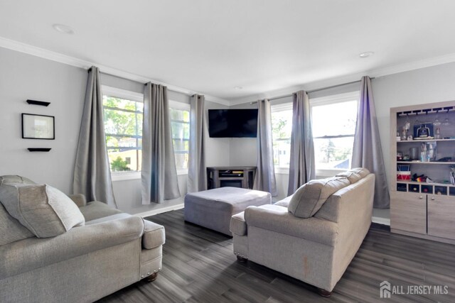 living room with ornamental molding and dark wood-type flooring