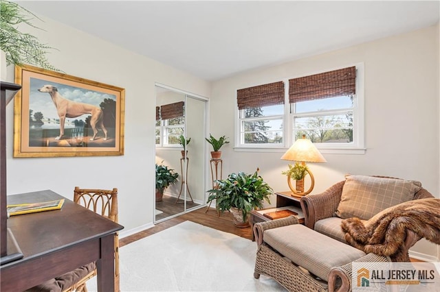 living area with baseboards and wood finished floors