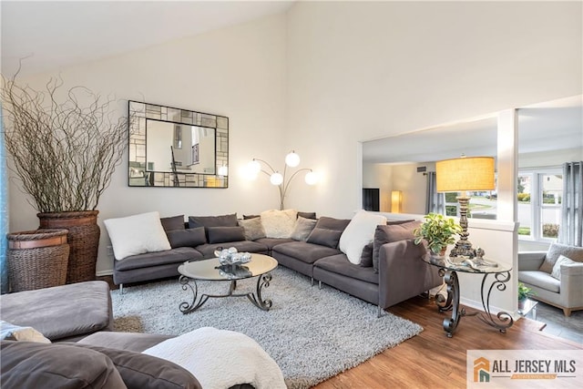 living room with high vaulted ceiling and wood finished floors