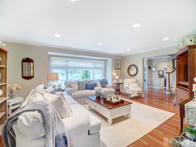 7 Willis Ct, East Brunswick, NJ 08816 - living room featuring crown molding, light wood-style floors, and recessed lighting