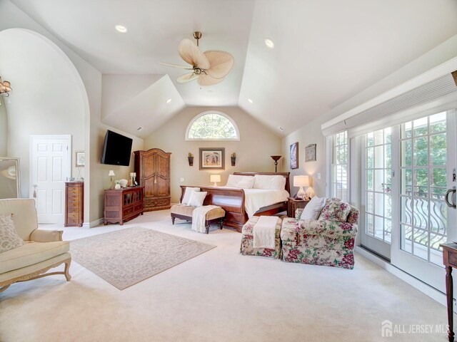 7 Willis Ct, East Brunswick, NJ 08816 - carpeted bedroom featuring access to exterior, lofted ceiling, ceiling fan, and recessed lighting