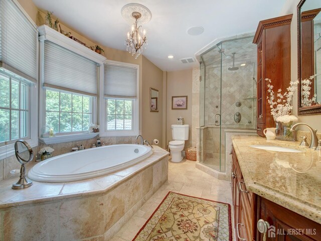 7 Willis Ct, East Brunswick, NJ 08816 - bathroom with a stall shower, vanity, a bath, a chandelier, and recessed lighting