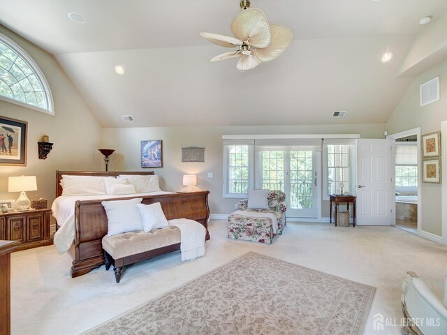 7 Willis Ct, East Brunswick, NJ 08816 - bedroom featuring light carpet, multiple windows, high vaulted ceiling, and ceiling fan