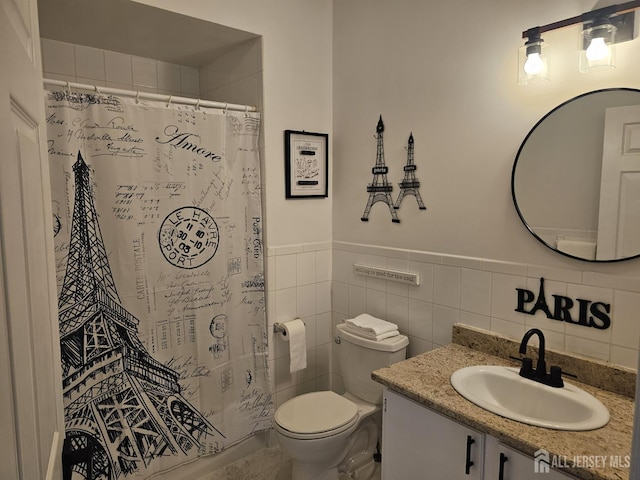 16 Park Sq, Metuchen, NJ 08840 - bathroom featuring vanity, tile walls, wainscoting, and a shower with shower curtain