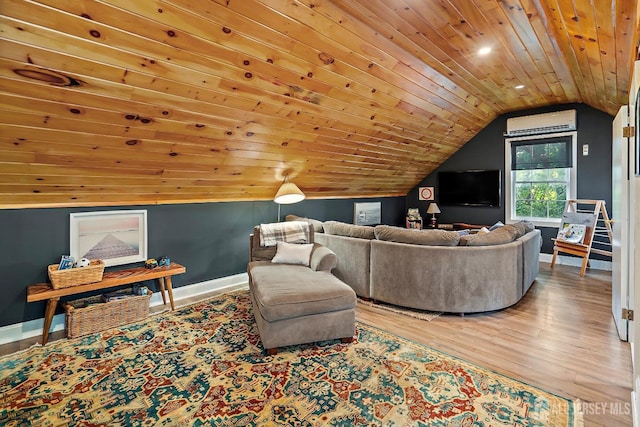 living room featuring a wall unit AC, hardwood / wood-style floors, vaulted ceiling, and wood ceiling