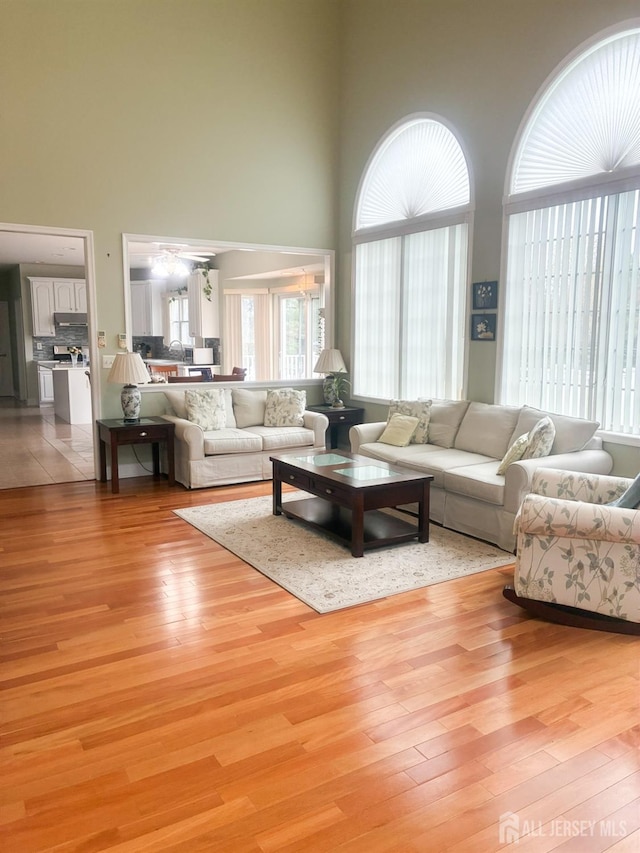 living area with a towering ceiling and light wood finished floors