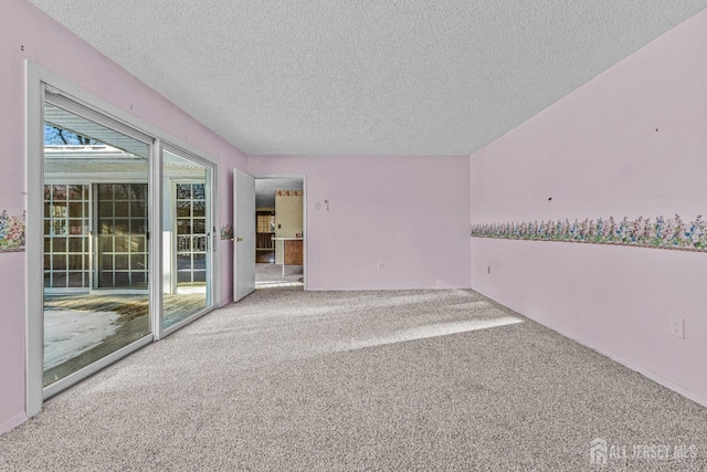 carpeted empty room with a textured ceiling