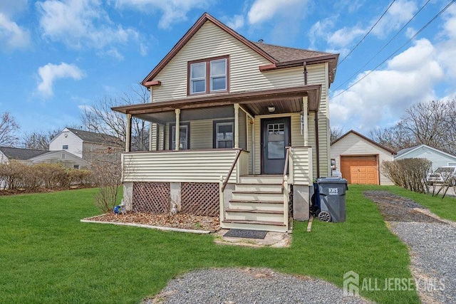 186 Brahma Ave, Bridgewater, NJ 08807 - view of front facade with an outdoor structure, a front lawn, covered porch, driveway, and a garage