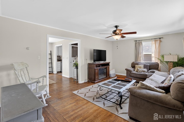 858 Burnt Tavern Rd, Brick, NJ 08724 - living room featuring ornamental molding, wood finished floors, and ceiling fan