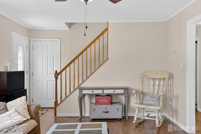 858 Burnt Tavern Rd, Brick, NJ 08724 - living room featuring stairs, ceiling fan, wood finished floors, and ornamental molding