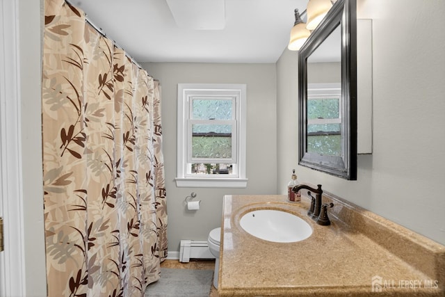 858 Burnt Tavern Rd, Brick, NJ 08724 - full bathroom featuring baseboard heating, vanity, and curtained shower