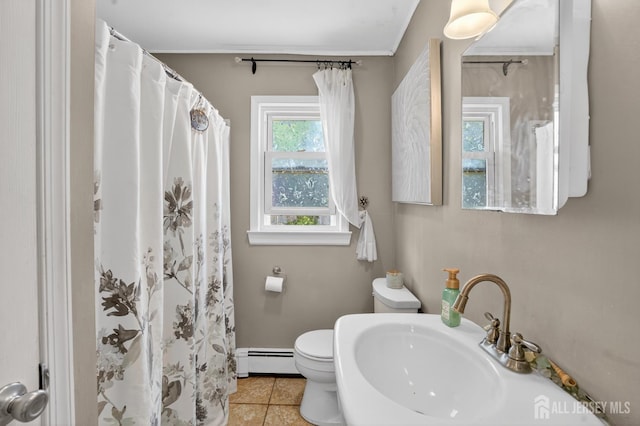858 Burnt Tavern Rd, Brick, NJ 08724 - full bath featuring a baseboard heating unit, tile patterned flooring, crown molding, and curtained shower