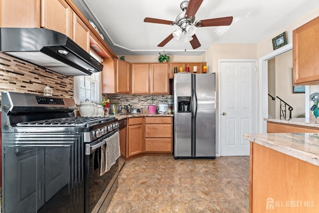 39 Webb Dr, Fords, NJ 08863 - kitchen with appliances with stainless steel finishes, ventilation hood, ceiling fan, tasteful backsplash, and light stone counters