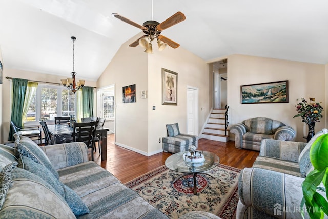 39 Webb Dr, Fords, NJ 08863 - living room with lofted ceiling, a chandelier, wood finished floors, ceiling fan, and stairway