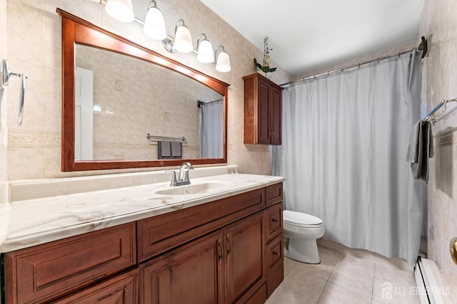 39 Webb Dr, Fords, NJ 08863 - full bathroom with tile walls, vanity, tile patterned floors, a baseboard radiator, and a shower with curtain