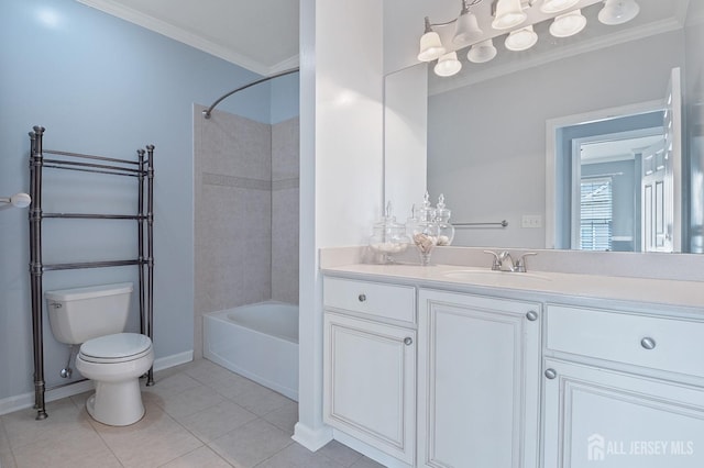 full bathroom featuring tile patterned flooring, crown molding, toilet, shower / tub combination, and vanity