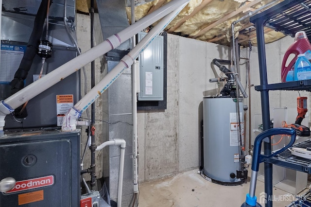 utility room featuring gas water heater and electric panel